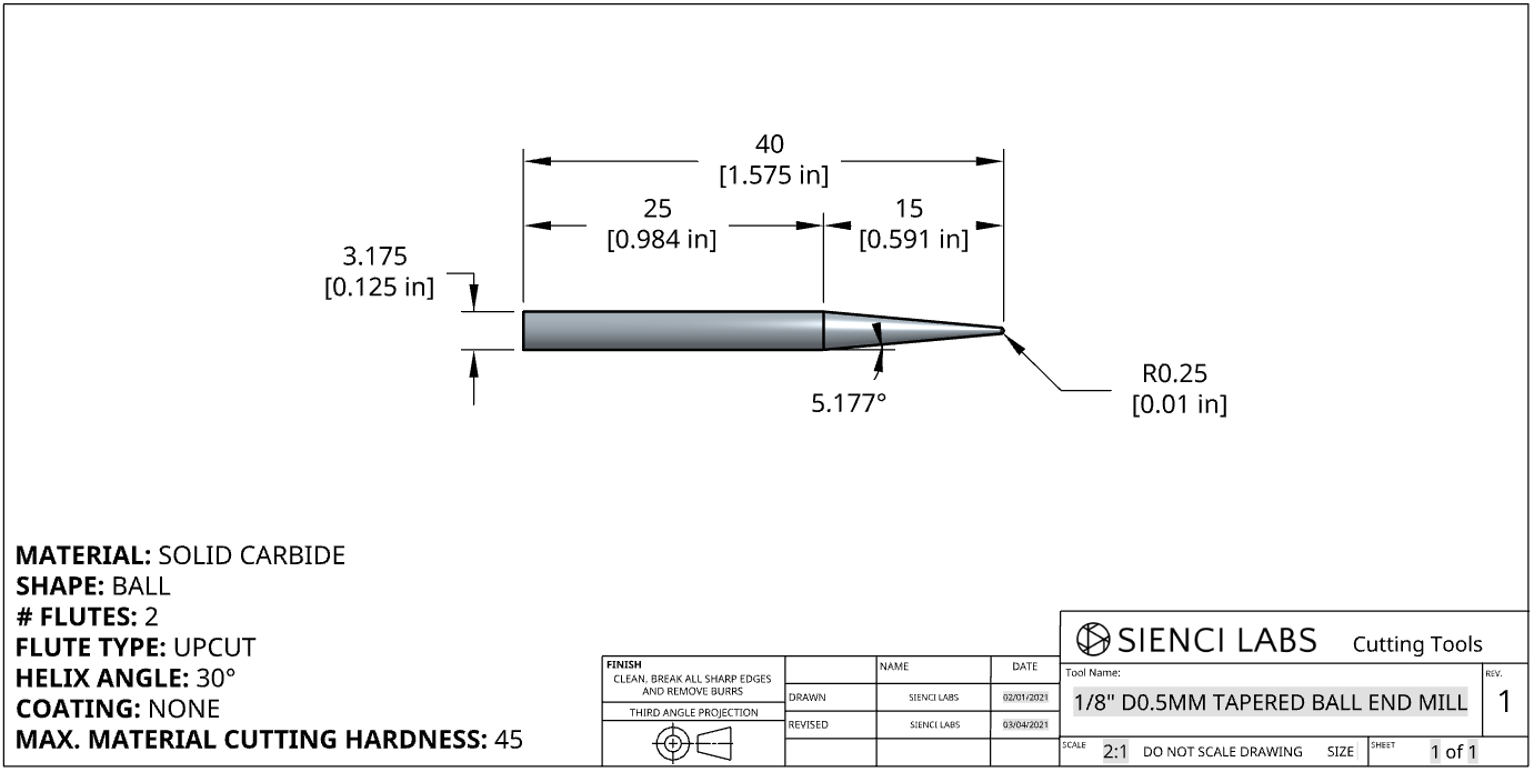 1/8″ D0.5mm Tapered Ball End Mill (2pcs) Sienci Labs