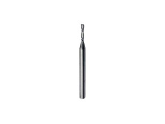 Twist drill bit facing upward against a white background