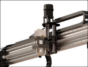 LongMill MK3 | Sienci Labs Close-up of a motorized carriage on aluminum rails of an industrial CNC gantry system.