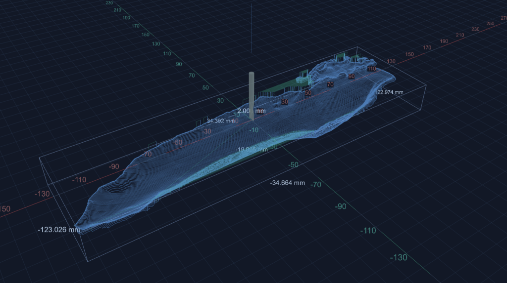 Screenshot 2026-07-28 at 113348 AM | Sienci Labs 3D mesh of a long anatomical surface with millimeter measurements and axis labels, resembling a dental or bone scan.