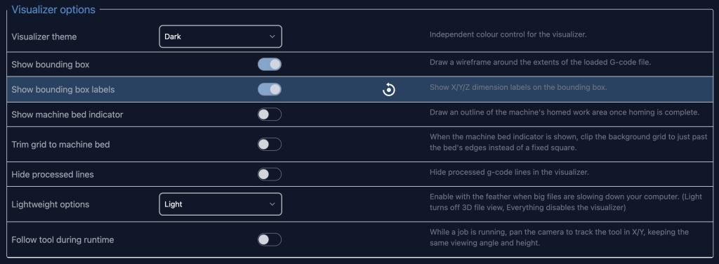 Screenshot 2026-07-28 at 113402 AM | Sienci Labs Panel titled Visualizer options with Dark theme and a list of toggles: Show bounding box, Show bounding box labels, Show machine bed indicator, Trim grid to machine bed, Hide processed lines, Lightweight options set to Light, and Follow tool during runtime.