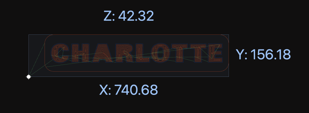 Screenshot 2026-07-28 at 115016 AM | Sienci Labs CAD view showing a rounded rectangle containing the outlined word 'CHARLOTTE' with red/blue contour lines; axis coordinates read X 740.68, Y 156.18, Z 42.32.