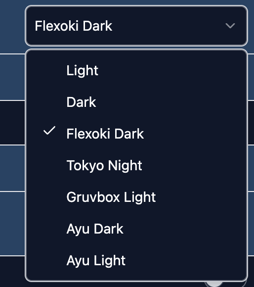 Screenshot 2026-07-28 at 115127 AM | Sienci Labs Theme picker dropdown with Flexoki Dark selected (checkmark); options: Light, Dark, Tokyo Night, Gruvbox Light, Ayu Dark, Ayu Light.