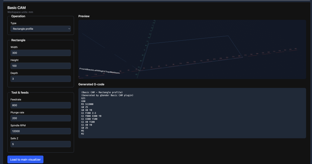 Screenshot 2026-07-28 at 41823 PM | Sienci Labs Basic CAM interface with a rectangle profile (300x100x3 mm) and a G-code preview area showing generated code.