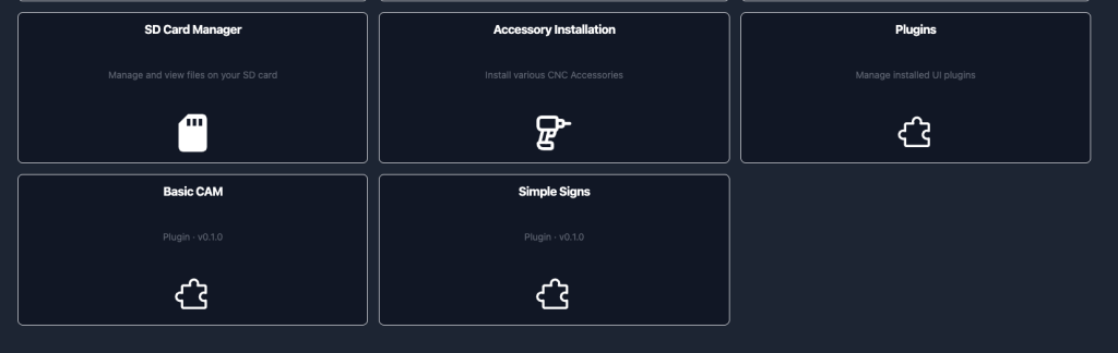 Screenshot 2026-07-29 at 22430 PM | Sienci Labs SD Card Manager: manage and view files on your SD card (icon of a white SD card) — top-left card in the grid, informative UI feature tile.