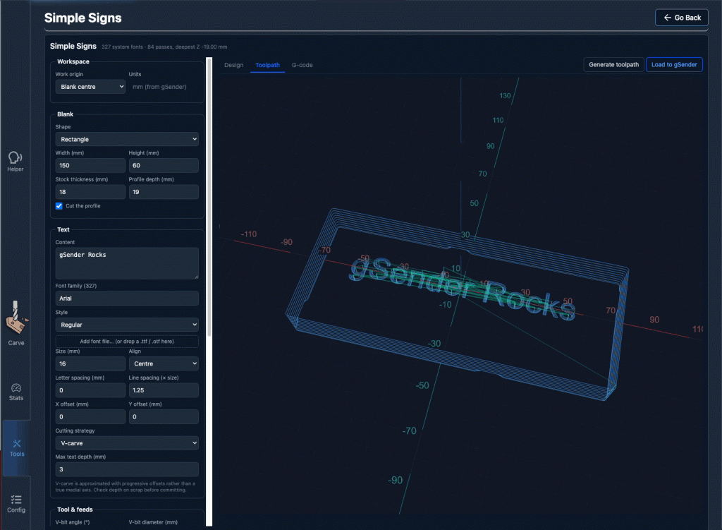 Tabs | Sienci Labs Screen capture of Simple Signs tool: left settings panel with workspace, blank shape and text options, and a dark 3D preview showing a layered rectangular toolpath around the text 'gSender Rocks'.