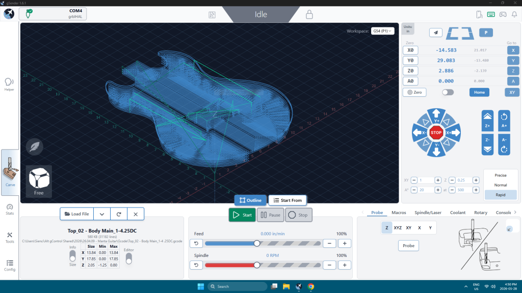CNC control software interface showing a blue wireframe 3D model on a grid workspace with tool controls on the right side and side panels visible on both sides.