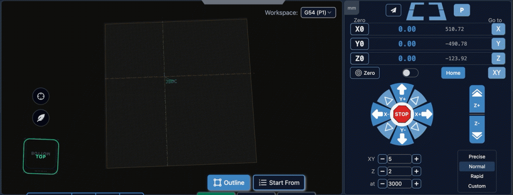 machine_bed_small | Sienci Labs Screenshot of CNC/laser control interface showing a square gridded bed with crosshair lines in the center, and a blue control panel on the right with a STOP button and navigation arrows.