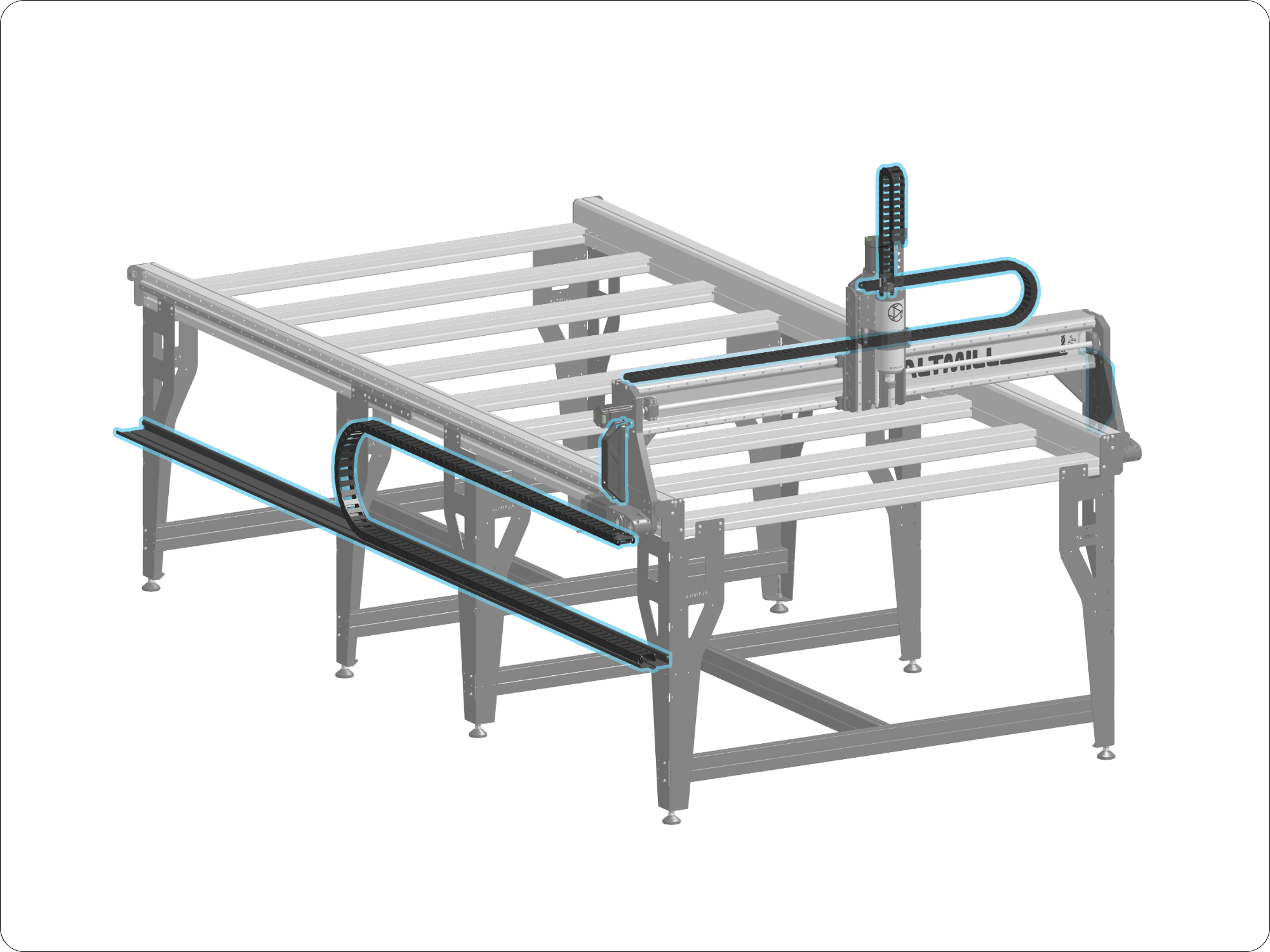 Industrial aluminum-framed machine with belt-driven linear rails and a vertical Z-axis carriage (CNC/automation gantry)