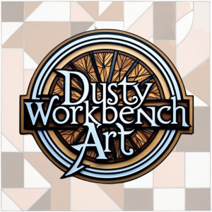 DWA 2 5 Dusty Workbench Art logo: circular emblem with a wooden wheel motif and bold text over a tiled geometric background