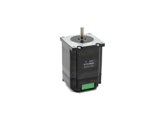 Stepper motor with metal shaft protruding from top; label reads 57HYB56 Sienci Labs (black housing).