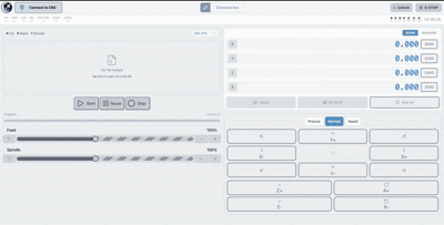 Screen Recording 2026-09-03 at 15626 PM | Sienci Labs Software control panel UI with sliders for Feed and Spindle, numeric status fields, and a keypad-like grid of buttons on the right.