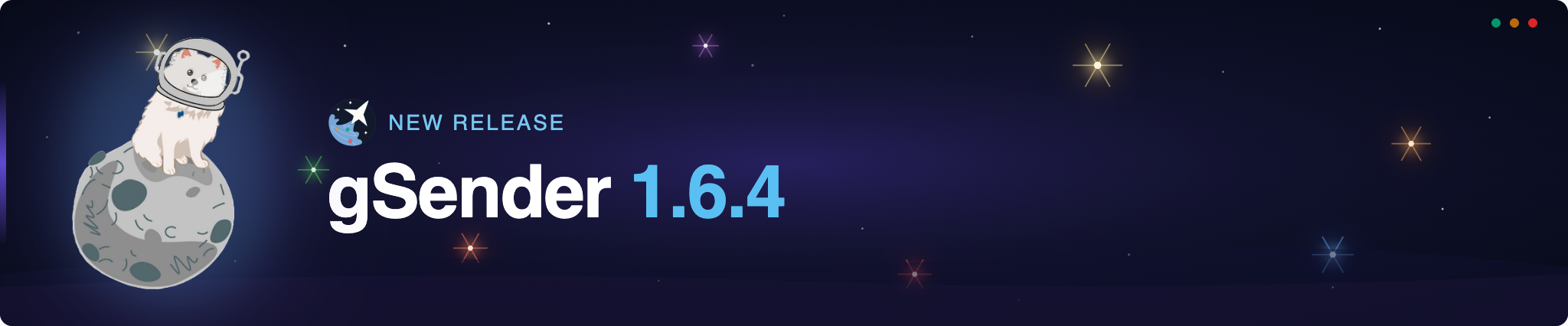 Cat in a space helmet sits on a moon beside the 'gSender 1.6.4' text on a dark space banner (New Release).