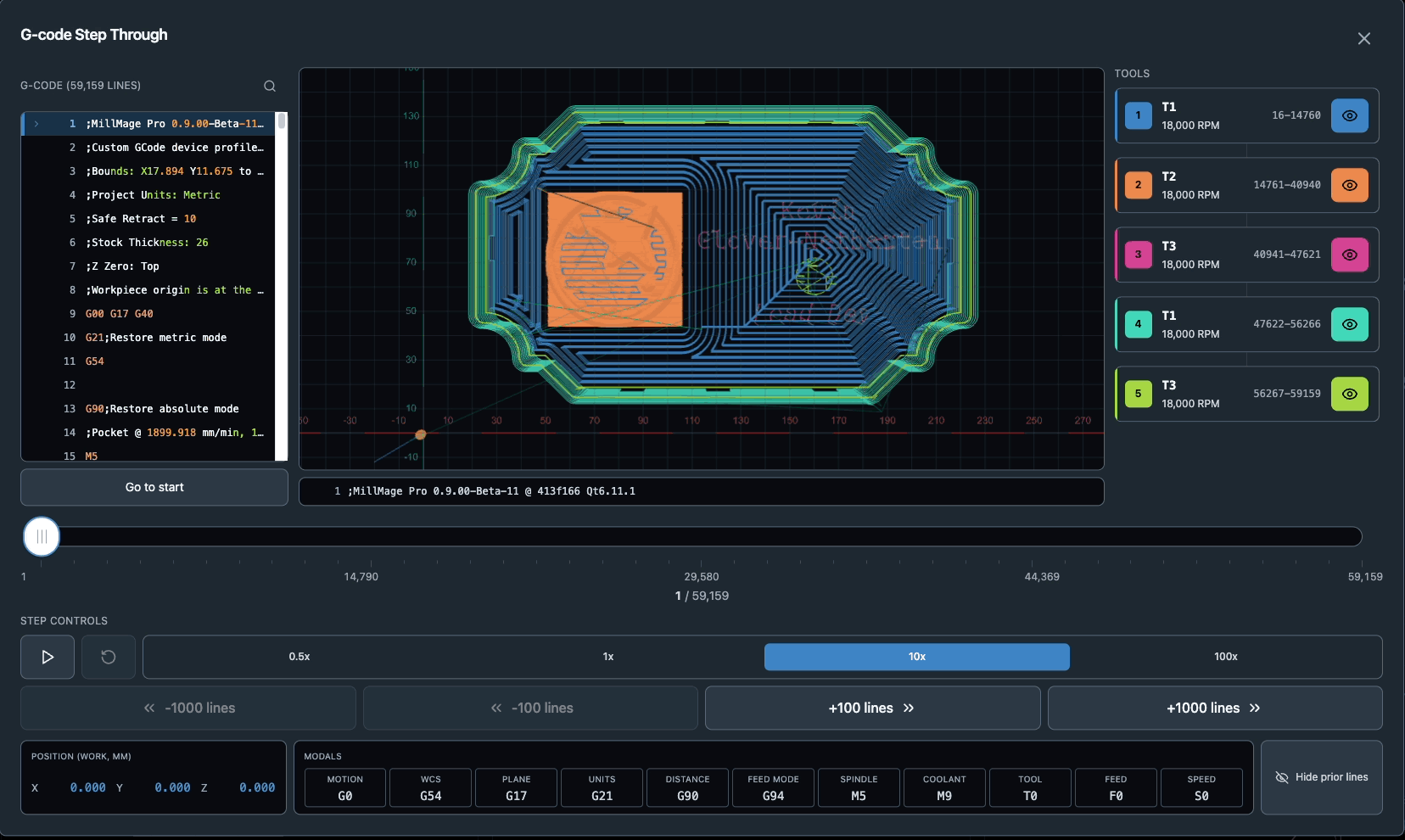 viz_player | Sienci Labs G-code step-through interface with code editor on the left, a multi-color toolpath diagram at center, and a list of tools on the right; playback controls along the bottom.