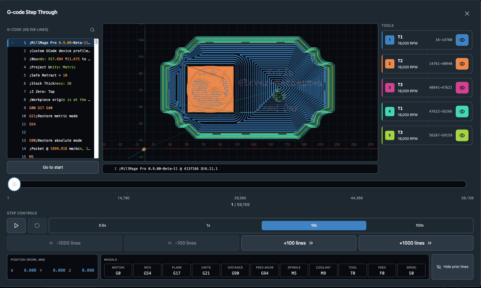 viz_toggles | Sienci Labs G-code step-through interface: code editor on left, 3D toolpath visualization center, tools panel on right with colored tasks and RPMs.